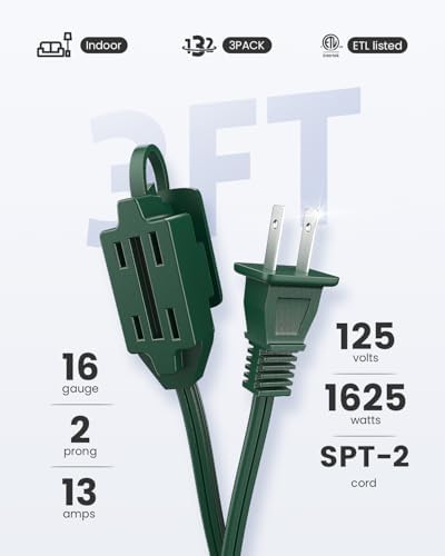 PLUGTUL Green Indoor Extension Cord 3 FT | 2 Prong Extension Cord, 3 Polarized Outlets with Safety Cap Protect for Home Office, 16/2 SPT-2 ETL Listed, 3 Pack - Image 2