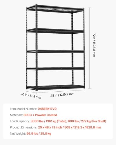 VEVOR Storage Shelves, 3000 lbs, 5 Tier Heavy Duty Garage Shelving, 20" D x 48" W x 72" H Adjustable Metal Shelves for Industrial Shelving Unit Utility Shelf, for Kitchen, Warehouse, Basement, Black - Image 3