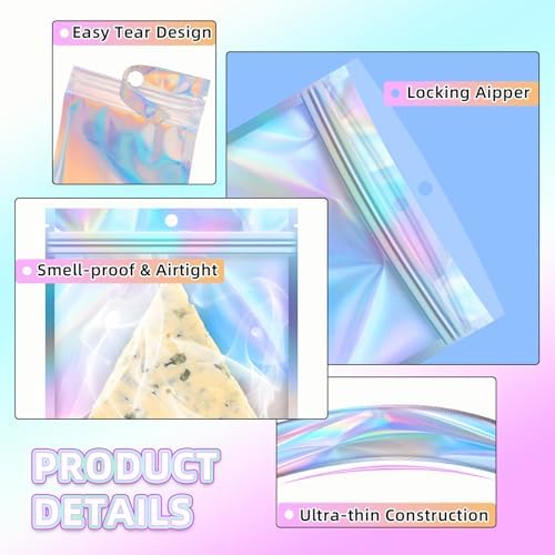 JETMORE Holographic Bags, 200 PCS Mylar Bags, 4x6in Resealable Treat Bags - Image 4