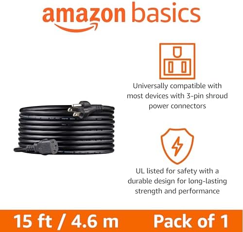 Amazon Basics Universal Replacement Power Cord for PC, Monitor, TV, Printer, 3-Prong, 18 AWG, 125 Volts, 15 feet, Black - Image 2