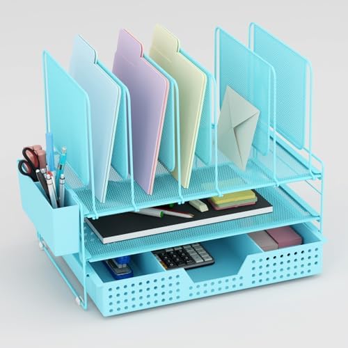 LEKETREE Teal Desk Organizer, Office Organization with Vertical File Holder, File Organizer with Drawer and Pen Holder, Desk Accessories and Workspace Organizers for Home Office (Sky Blue) by Stylishworkspaceeffortlessorganization