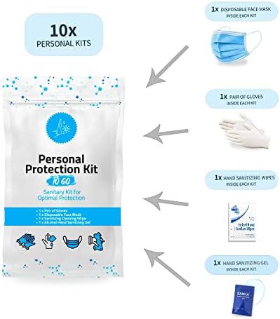 Personal Protection Kit TO GO, Mini 4 Item PPE Kit for Travel and School | Includes 1 Each of Face Covering, Gloves, Cleansing Wipes & Hand Cleansing Gel | 10 - Pack (Turquoise) - Image 2