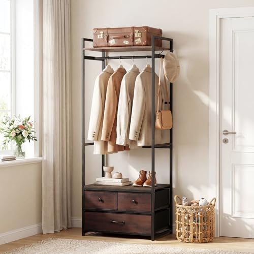 Tangkula Freestanding Small Clothes Rack, Heavy Duty Coat Rack with Drawers, Shelves, Hooks & Hanging Rod, Metal Closet Organizer Garment Rack, Industrial Hall Tree for Entryway, Hallway, Bedroom by TANGKULA