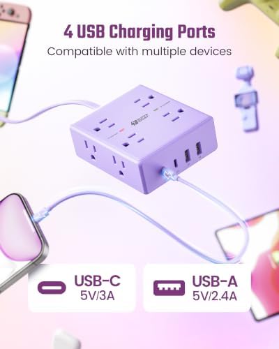 SUPERDANNY Purple Extension Cord 10Ft Flat Plug Power Strip Surge Protector - Image 5