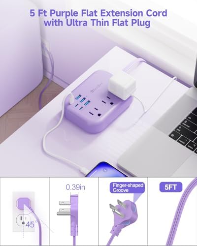 6 USB (3 USB C) Purple Travel Power Strip, 5Ft Extension Cord, 3 Outlets - Image 5