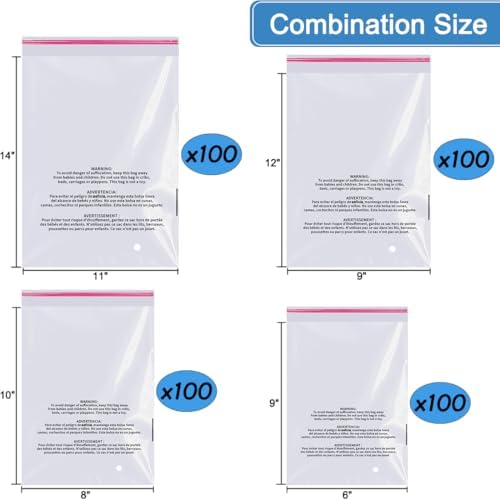 Cellophane Poly Bags Pack 400 CT Combo 6x9,8x10,9x12,11x14 inches, Clear Poly Bags with Suffocation Warning, Resealable Shipping Bag for Clothes, Packaging (OPP, 2mil, 5-13 LB, with Vent Holes) - Image 2