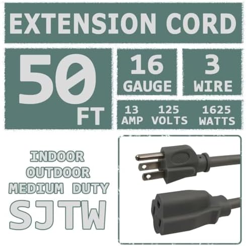 Indoor Outdoor Extension Cord 50 FT Waterproof, 16/3 Gauge Heavy Duty Gray Extension Cords, 13A 1625W SJTW Extension Cord with 3 Prong Grounded Plug, Great for Tools, Lights, UL Listed. - Image 2