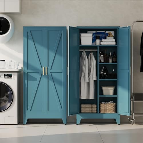Baborokic 71" Armoire Wardrobe Closet with Hanging Rod,Metal Wardrobe Cabinet with Adjustable Shelves and Doors,Farmhouse Office Cabinets for Bedroom,Office,Laundry,Employee(Blue) - Image 4