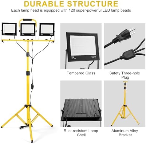 30000 Lumen Work Lights with Stand, 3 Adjustable Head LED Work Light, with Adjustable and Foldable Tripod Stand, Waterproof Lamp with 6500 Kelvin Color Temperature - Image 4