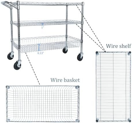 Heavy Duty 3-Tier Utility Cart with Wheels & Handle Bar, x18 Rolling Storage Cart, 600 lbs Capacity, Chrome Shelves for Kitchen, Restaurant, Plant Display, Garage, Office - Image 5