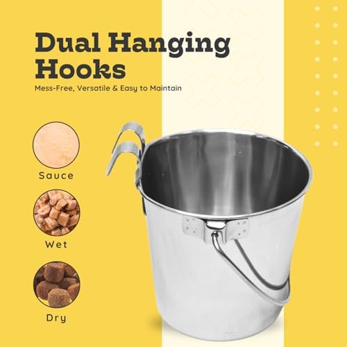 4 Quart Stainless Steel Flat Sided Bucket with Dual Hooks | 1 gal Durable Food & Water Bowl for XL Dogs, Cats, Goat & Livestock | Fits kennel Cage Critter Crate | Hanging Utility Pet Pail - Image 5