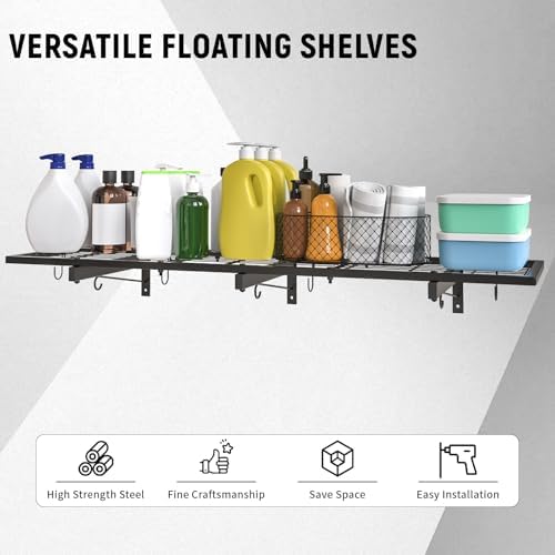 Garage Wall Shelves, 46"X12.5" Garage Shelving Wall Mounted, Heavy Duty Shelf Storage Rack with 4 Hooks, Black Organizer Floating Metal Shelf 160 LBS Capacity for Office, Basement, Laundry Room - Image 3