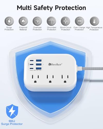6 USB(3 USB C) Surge Protector Power Strip, 10 Ft Extension Cord,3 Outlets - Image 5