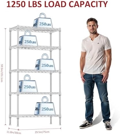 IZEUK 5 Tier White Metal Storage Shelves, Heavy Duty Wire Shelving Rack for Garage, Kitchen, Bathroom, Laundry, or Closet Organization, 1250 lbs Capacity, 11.8" D x 29.5" W x 59.5" H - Image 3