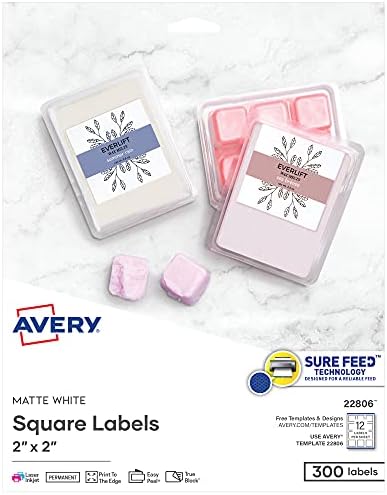 Avery Printable Square Labels, 2" x 2", Matte White, Laser & Inkjet Compatible, 300 Blank Labels per Pack, Great for High-Volume Branding, Packaging, Events, and More (5-Pack of 22806) by Avery