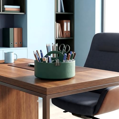 Aesthetic PU Leather Rotating Desk Storage Organizer, Green - Image 4