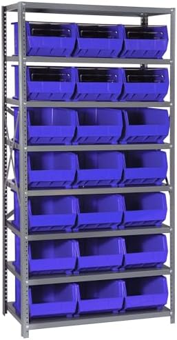 Quantum Storage Systems QSBU-255BL Giant Open Hopper Steel Shelving System, 18" D x 36" W x 75" H, with 8 Shelves and 21 QUS255 Bins, Blue by QuantumStorageSystems