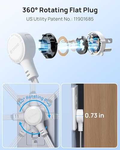 TROND 360° Rotating Flat Plug Power Strip 5ft, 4 Widely AC Outlets, White - Image 2