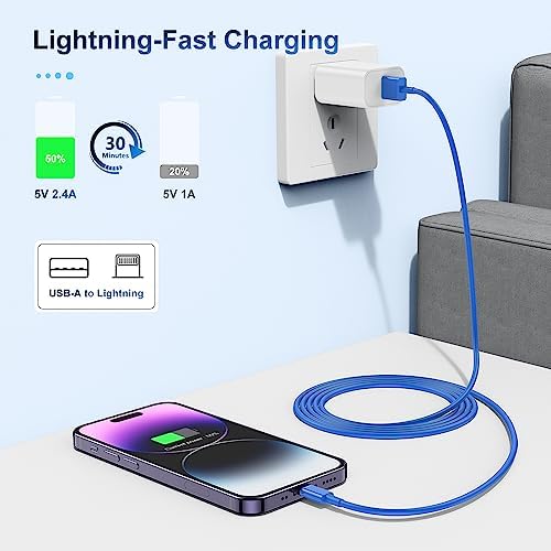 3 Pack Apple MFi Certified iPhone Charger Cable 6ft, Apple Lightning to USB Cable Cord 6 Foot, 2.4A Fast Charging Apple Phone Long Chargers for iPhone 14/13/12/11/11Pro/X/XS/XR/XS Max/8/7/6 Blue - Image 4