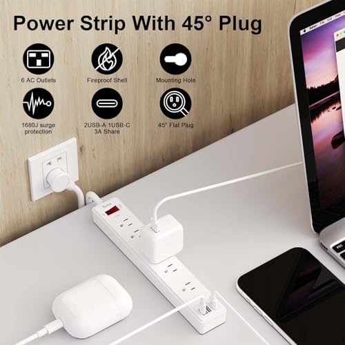 Yintar 10Ft Surge Protector Power Strip with 6 Outlets & 3 USB Ports, White - Image 2