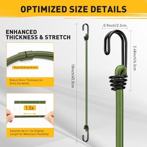 18" Green Bungee Cords with Hooks: 10 Pcs Bungee Cords Heavy Duty Outdoor, Bungie Cord Bundle Assortment with Metal Hook, Bungee Straps for Kayaking, Camping, Garage Storage - Image 3