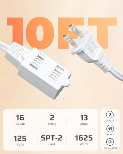 DEWENWILS 10FT Extension Cord, 2 Prong Extension Cord 3 Outlet with Dustproof Sliding Covers, SPT-2 AWG16/2 Power Cable for Indoor Use, 13A/125V/1625W, White, ETL Listed, 2 Pack - Image 7