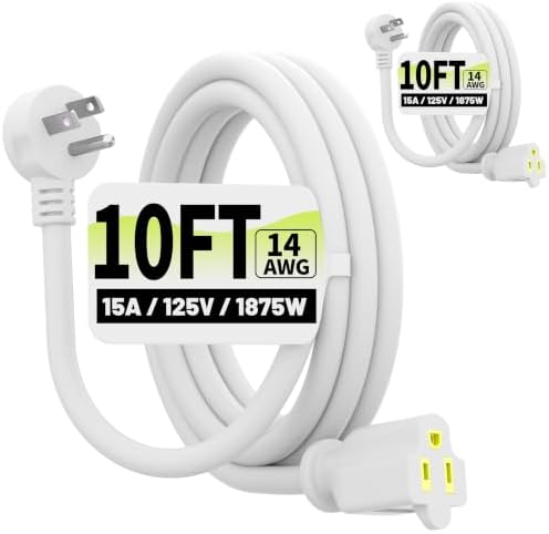 Vockjour 10 FT 2 Pack 14 Gauge Low Profile Flat Plug Extension Cord White by Vockjour