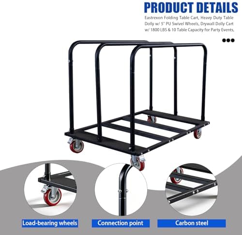 Folding Table Cart, Heavy Duty Table Dolly with 5" PU Swivel Wheels, 1800 LBS Capacity Drywall Trolley, 10 Table Load for Party Events, Hotel, Warehouse, Factory, Moving Panels, Drywall, Boxes - Image 2
