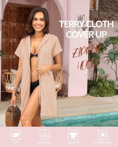 Womens Terry Cloth Cover Up Hooded Swim Cover with Zipper and Pocket - Image 5