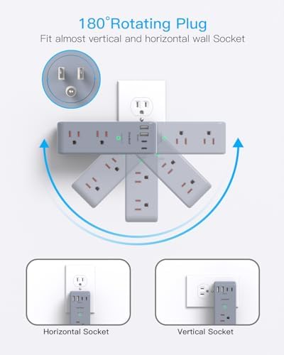 Surge Protector Outlet Extender, Multi Plug Wall Outlet, Rotating Plug,Grey - Image 3