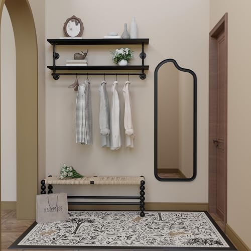 Black Clothes Rack 48in, 2-Tier Wall Mounted Garment Rack with Real Wood Shelf, Heavy Duty Hanging Clothes Rack, Multi-Purpose Hanging Rod, Space-Saving Closet Storage - Image 7