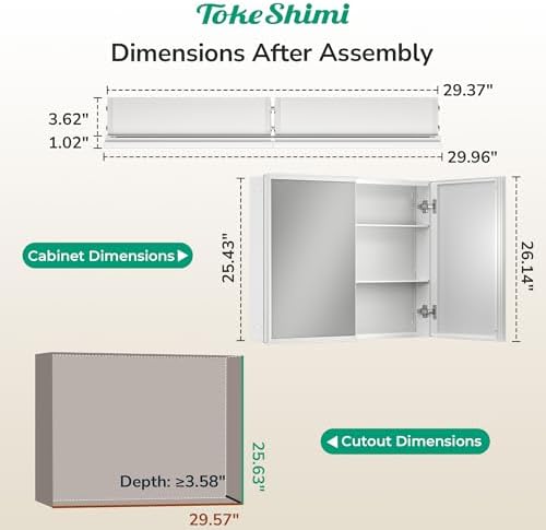 TokeShimi 30 x 26 White Recessed Medicine Cabinet with Mirror, Assembly Required, Bathroom Medicine Cabinet with Mirror, Stepless Adjustable Shelves, Beveled Aluminum Frame, DTC Hinge - Image 2