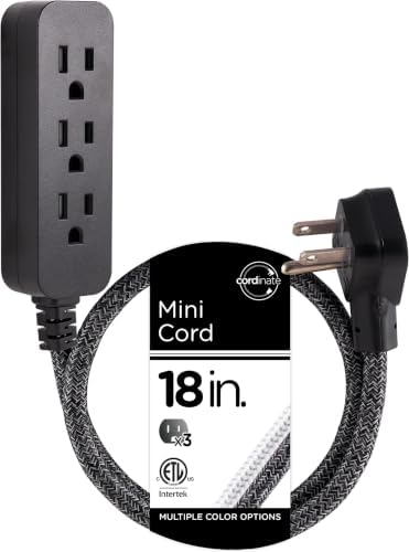 Cordinate Designer Mini 3-Outlet Power Strip, 18 in Braided Extension Cord, Grounded Adapter, Low-Profile Flat Plug, ETL Listed, Black/Dark Heather, 47298 (Pack of 12) by Cordinate