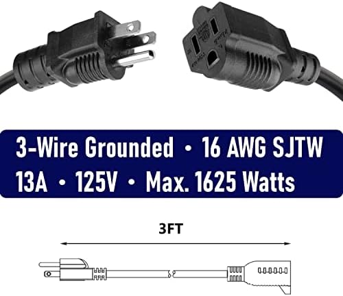 2 Pack 3FT 16AWG SJTW Heavy Duty 3 Prong ETL Extension Cord Indoor Outdoor - Image 2