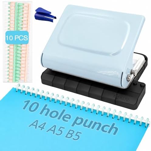 10 Hole Punch Binding Machine Kit for Planner (Blue) with 10 Multi-Color Spiral Coils, Adjustable A4 A5 B5 Paper Puncher, DIY Notebook Scrapbook Maker for Home Office School Organization by Unknown