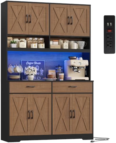 HOSTACK 75" Tall Kitchen Pantry Storage Cabinet, 45" W Hutch, Brown/Black by HOSTACK