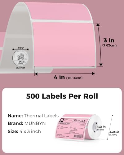 MUNBYN 4x3 Thermal Labels, 500 Sheets/1 Roll, Pink - Image 2