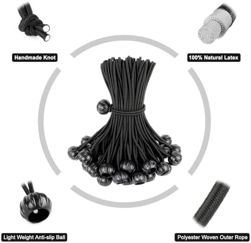 Bungee Cords with Balls 6 Inch, 100 Pack Heavy Duty Bungie Cord Balls, Canopy Tarp Tie Down Ball Bungee Cords for Camping, Tents, Patio Umbrellas, Awning, Bundle, Black - Image 2