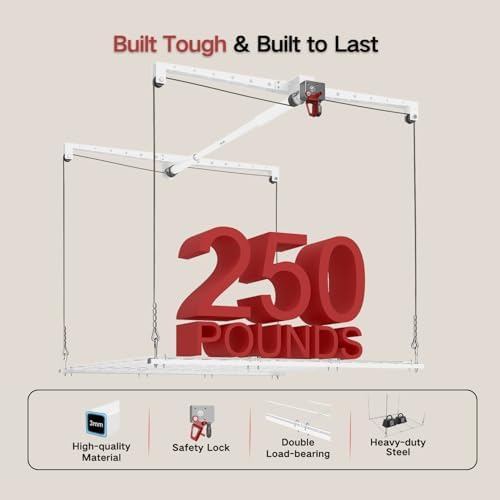 Overhead Garage Storage Rack, Adjustable Heavy-duty 4x4 Ft Ceiling Storage Racks with Safety Lock, Ideal for Garage Storage Lifting Organization System, 250lbs Capacity, White - Image 5