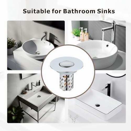 Universal Pop-Up Bathroom Sink Stopper, Stainless Steel Drain Strainer with Removable Filter Basket for 1.1"-2.36" Basin, Push-to-Bounce Core, Bathroom Sink Plug, Hair Catcher, 2 Pack - Image 6