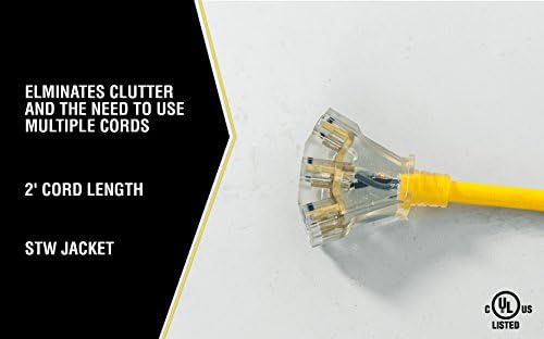 Southwire Yellow Jacket Extension Cord – Contractor-Grade 3-Outlet Design with Lighted End-Durable Vinyl Jacket for Rugged Jobsite Use-SJTW,Yellow-2 Foot,12 Gauge-Heavy Duty,UL Listed,(Pack of 10) - Image 5