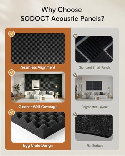 SODOCT 2 Pack Large Egg Crate Acoustic Foam Panels, 48 x 24 x 1.2 Inches High Density Sound Proof Foam for Walls, Professional Sound Absorbing Studio Panels for Home Theater, Recording (Black) - Image 4