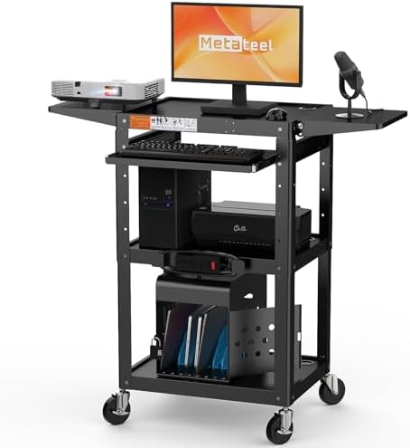 All-Steel Rolling AV Cart with Adjustable Height & Built-in Power – Heavy-Duty Media Workstation with Drop-Leaf Shelves & Wheels for Projectors, Laptops, Printers – Classroom, Office & Studio, Black by MetaTeel