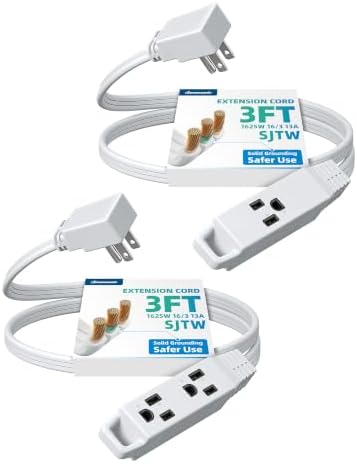 DEWENWILS 2 Pack White 3FT 3 Outlet Flat Extension Cord 16/3, ETL Listed by DEWENWILS