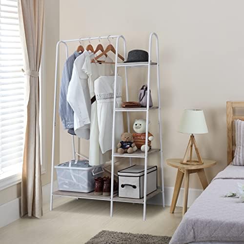 Finnhomy Metal Clothes Closet Rack, Clothing Rack for Hanging Clothes White Heavy Duty Garment Rack with 5 Wood Shelves Freestanding Portable Closet Organizer for Bedroom/Entryway/Boutiques - Image 2