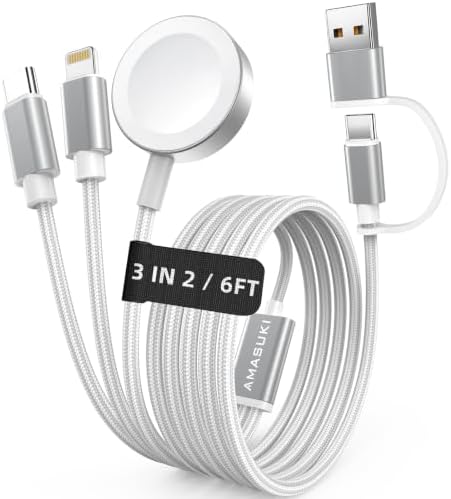 Travel Essentials,3 in 2 USB C Cable for Apple Watch Charger,iPhone Charger,Multi Charging Cable,Cruise Vacation Camping Portable for iWatch Series 11-2/Ultra/SE & iPhone 17-12,Car,White-6FT by ChargeBeyondPowerWithin