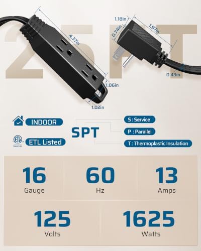 DEWENWILS 25FT Flat Extension Cord 3 Outlet, 16/3, Black, ETL Listed - Image 2