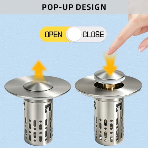 Bathroom Sink Stopper, 3 in 1 Bathroom Sink Drain Strainer Universal Pop Up Sink Stopper with Removable Hair Catcher Anti-Clog Filter Basket Brass & Stainless Steel Brushed Nickel 1 PC - Image 2