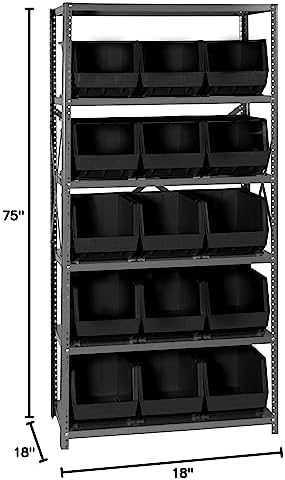 Quantum Storage Systems QSBU-260BK Giant Open Hopper Steel Shelving System, 18" D x 36" W x 75" H, with 6 Shelves and 15 QUS260 Bins, Black - Image 2