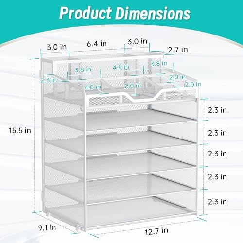 6 Tier Mesh Paper Desk Organizer with Pen Holders, White - Image 2